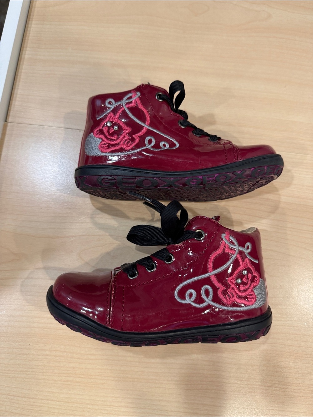 Geox Burgundy Patent Kids High-Top Boots with Pink & Silver Embroidery